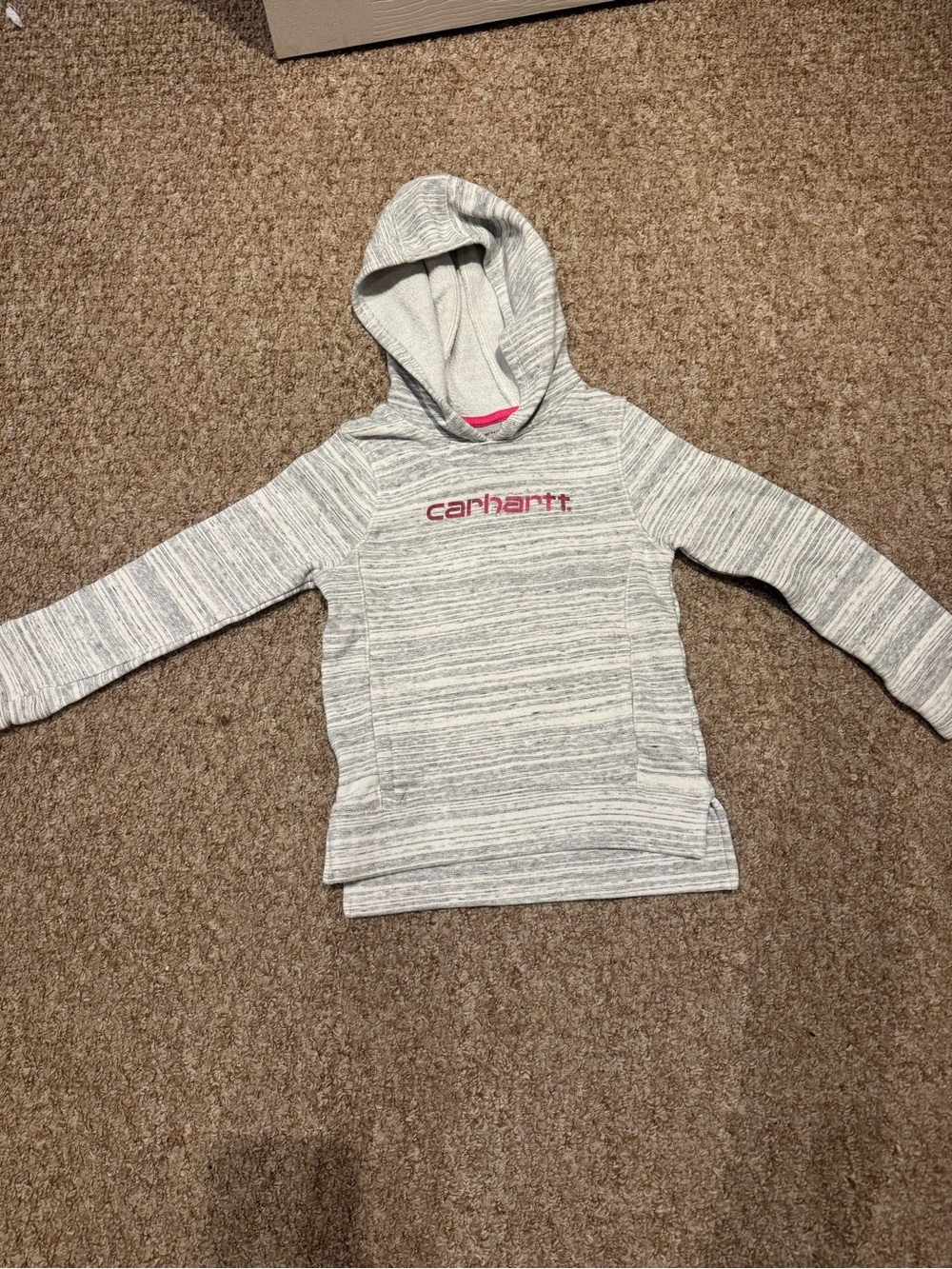 Carhartt Girls Light Gray Striped Hooded Pullover with Pink Logo